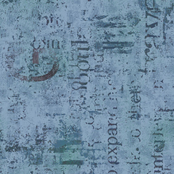 Mottled faded blue and gray blue fabric with textured typographical arrangements.