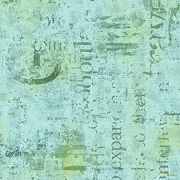 Mottled mint green and pistachio fabric with textured typographical arrangements.