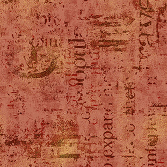 Mottled terracotta and ocher fabric with textured typographical arrangements.