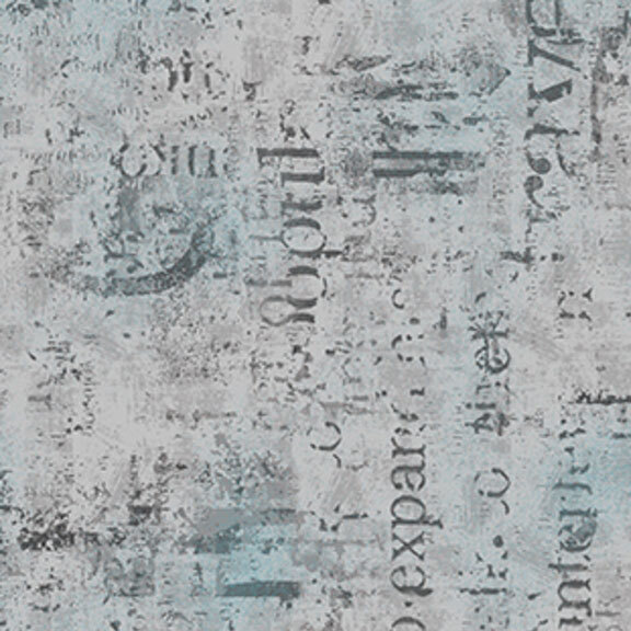 Mottled silver and cool gray fabric with textured typographical arrangements.