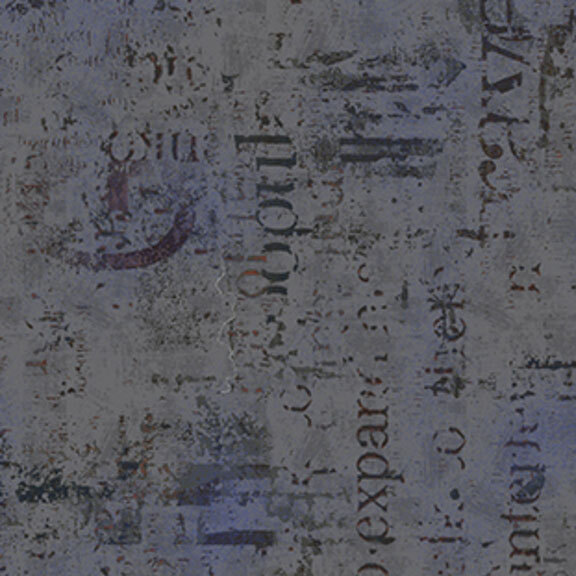 Mottled smoke gray and gray blue fabric with textured typographical arrangements.