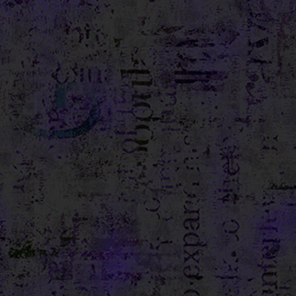 Mottled soft charcoal and deep purple fabric with textured typographical arrangements.