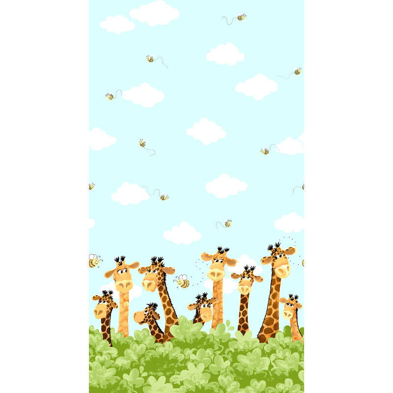 Fabric panel with a playful design of giraffes poking their heads out of a tree with bees flying around against a blue sky background.