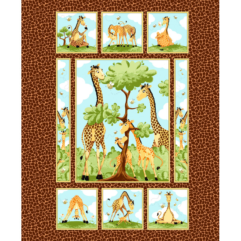 Fabric panel with a playful collage of cartoon safari animals in various goofy poses and a giraffe print background..