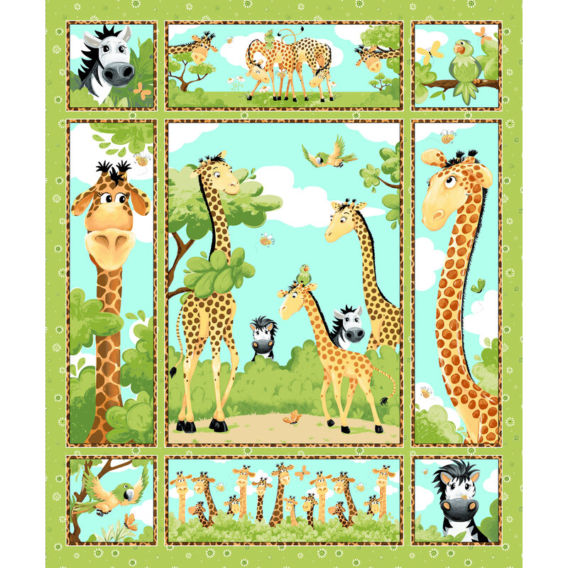 Fabric panel with a collage of cartoon safari animals in various goofy poses.