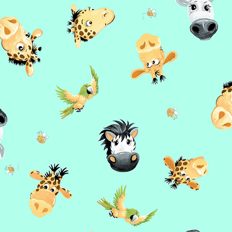 Bright aqua fabric with a playful pattern of cartoon-style safari animals.