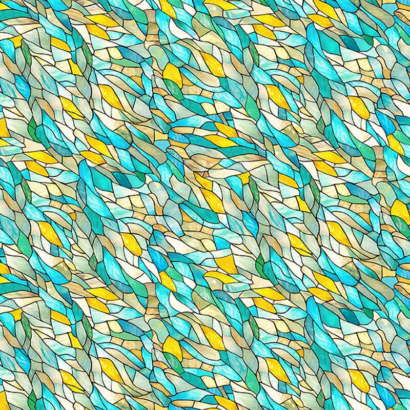 A teal, aqua, yellow, and off white abstract stained glass design
