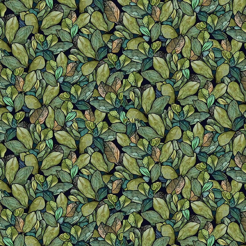 A stained glass style pattern of leaves in various shades of green