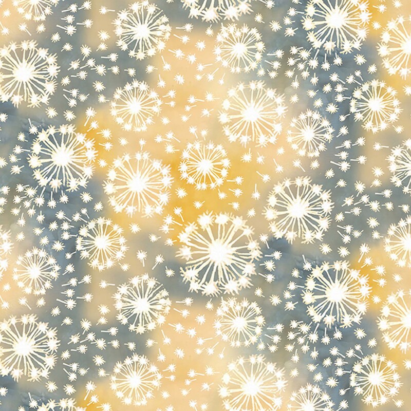 A mottled dark gray and yellow fabric with white dandelion puff and seed overlays