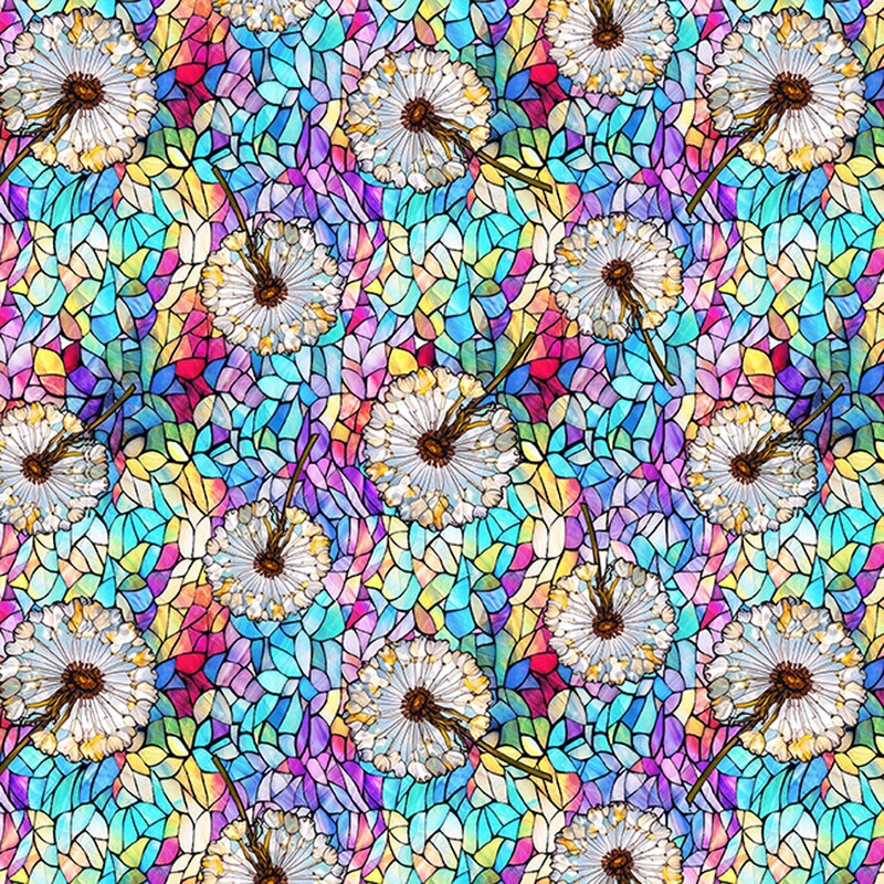 An abstract rainbow stained glass design with a tossed pattern of dandelion puffs