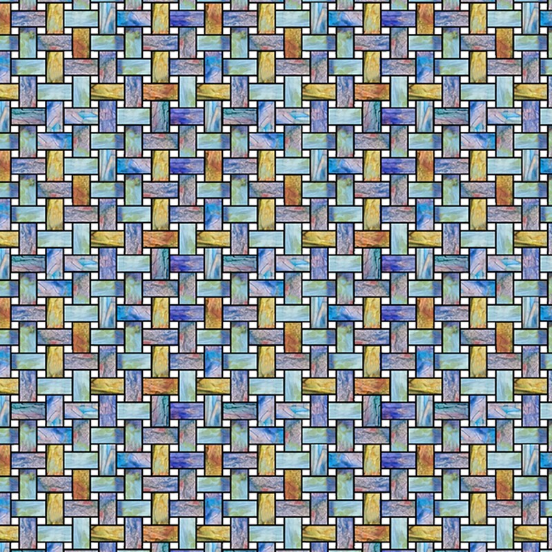 A stained glass basketweave design in blue, aqua, brown, and gold