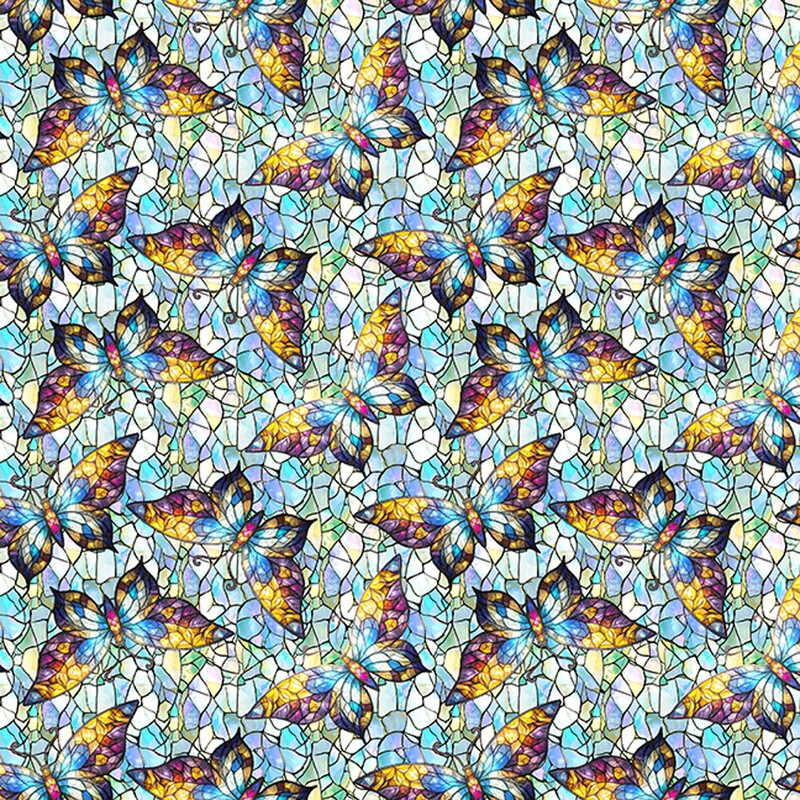 Blue and white abstract stained glass design with a tossed pattern of gold and black-brown butterflies