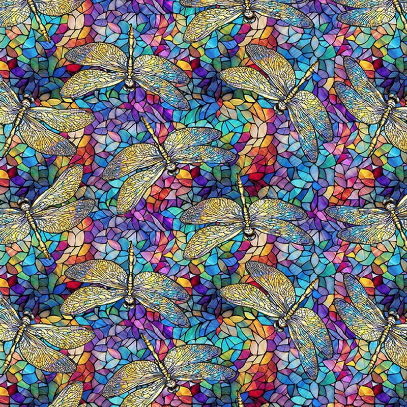 Rainbow abstract stained glass design with a tossed pattern of gold dragonflies