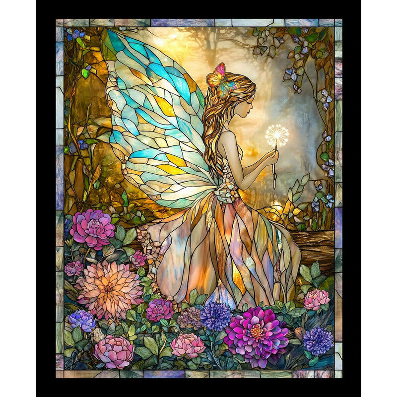 A stained glass style fabric panel featuring a back-lit fairy in the woods holding a dandelion puff amidst bright magenta dahlias