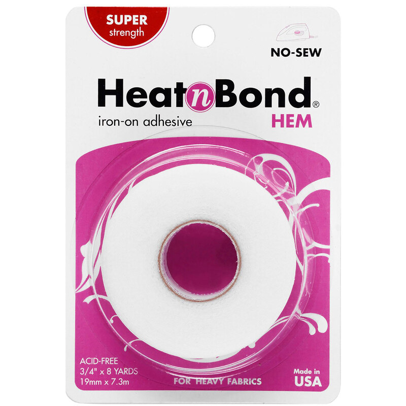Heat n Bond adhesive on packaging for no-sew hemming, featuring a roll of iron-on adhesive.