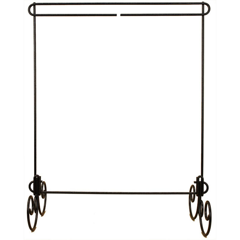 A black craft rack with decorative scrollwork at the base, featuring a straight horizontal bar.