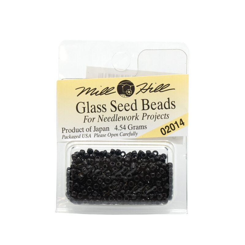A package of Mill Hill Glass Seed Beads in the color Black. 