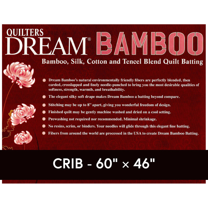 Cover sheet for Quilter's Dream Bamboo Batting, detailing composition, sizes, and usage instructions.