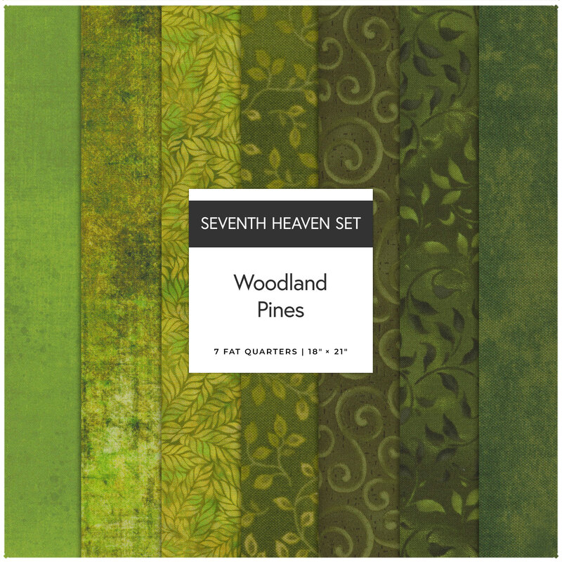 A collage of 7 pine green fabrics in the Woodland Pines seventh heaven set.