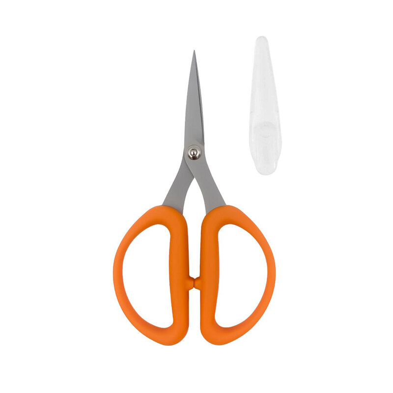 Orange-handled scissors with a pointed tip, accompanied by a white protective cover.