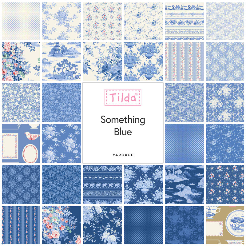 A collage of fabric patterns in various shades of blue, labeled Something Blue by Tilda.