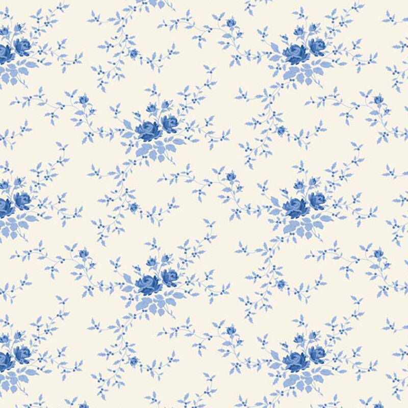 White fabric with stylized floral clusters with leaves and vines for a graceful, flowing design.