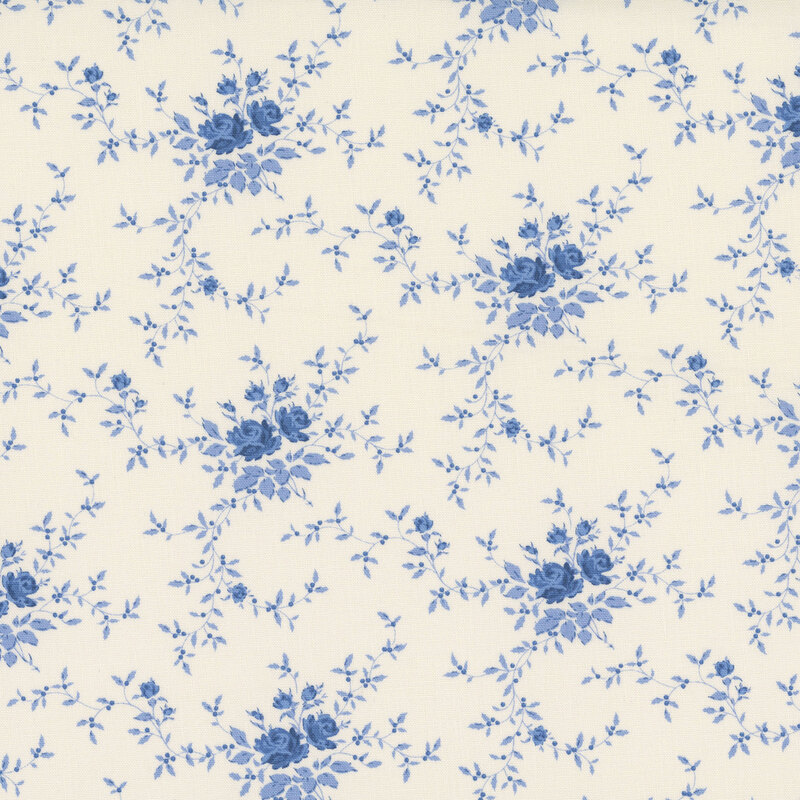 White fabric with stylized floral clusters with leaves and vines for a graceful, flowing design.