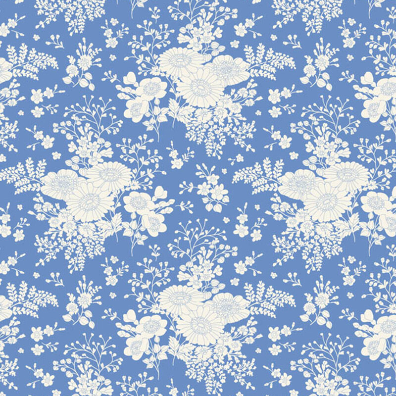 Blue fabric with stylized white floral clusters, creating a clean and elegant design.