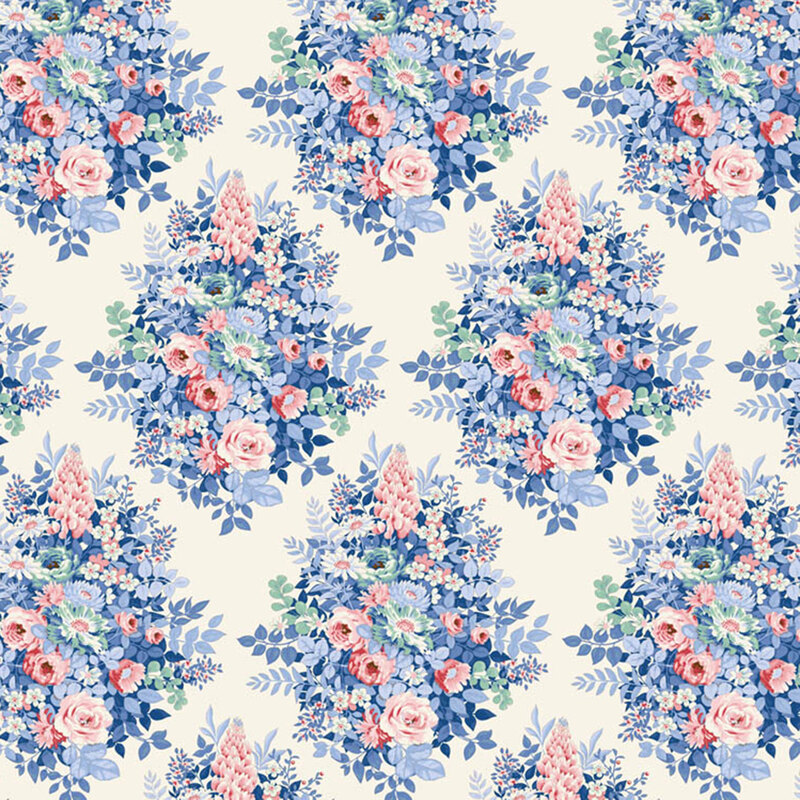 Toile white fabric features large floral clusters and leaves in a classic, richly detailed design.