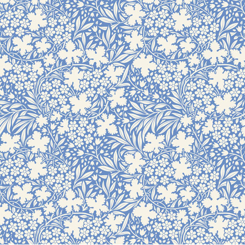 Blue fabric with a dense pattern of white florals and leaves for a cohesive design.