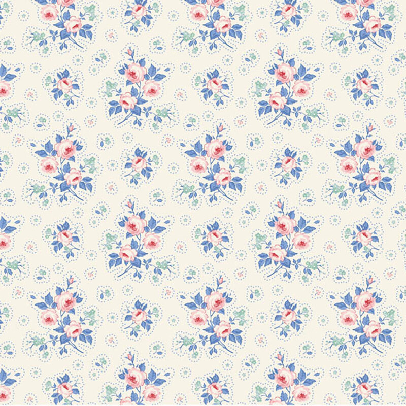 White fabric with stylized floral clusters, combining small green blossoms with larger pink blooms for a vibrant, balanced design.