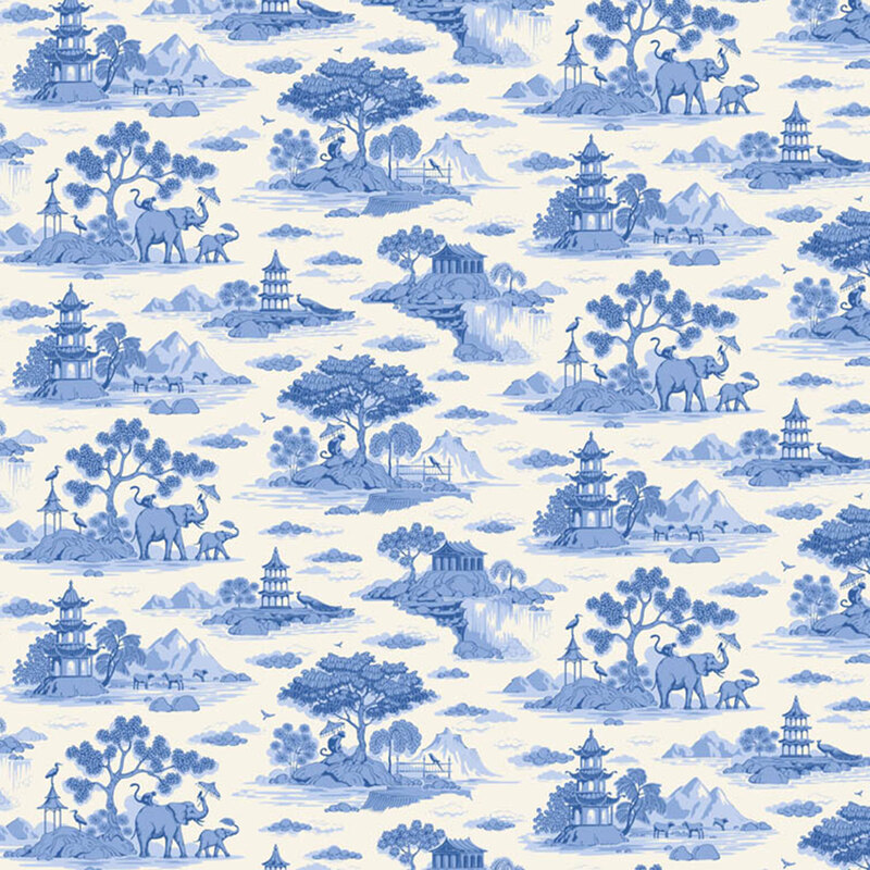 White fabric with charming Chinoiserie-inspired motifs of flowing waters, peacocks, pagodas, and trees for an elegant, storybook design.
