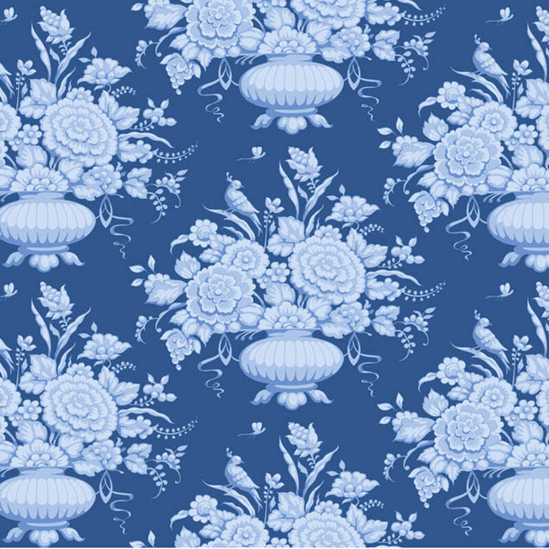 Blue fabric with a Chinoiserie-style design with flower pots, florals, birds, dragonflies, and other decorative motifs for an elegant, intricate look.
