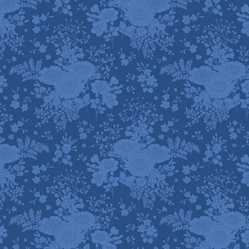 Azure blue fabric with stylized floral clusters, creating a clean and elegant design.