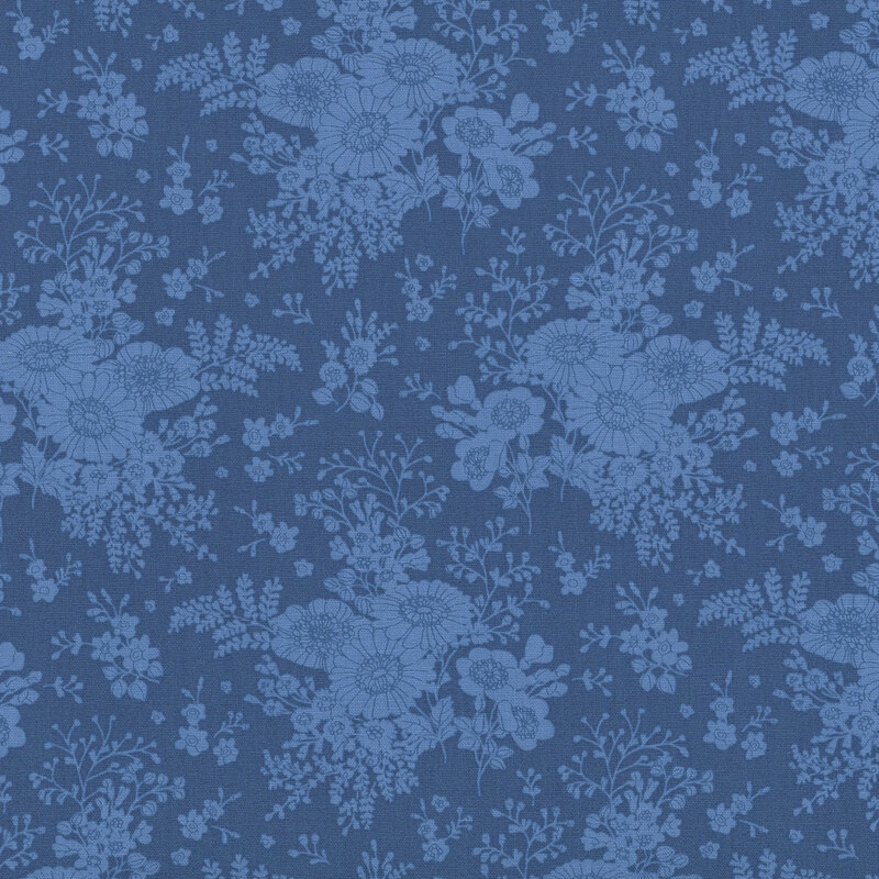 Azure blue fabric with stylized floral clusters, creating a clean and elegant design.