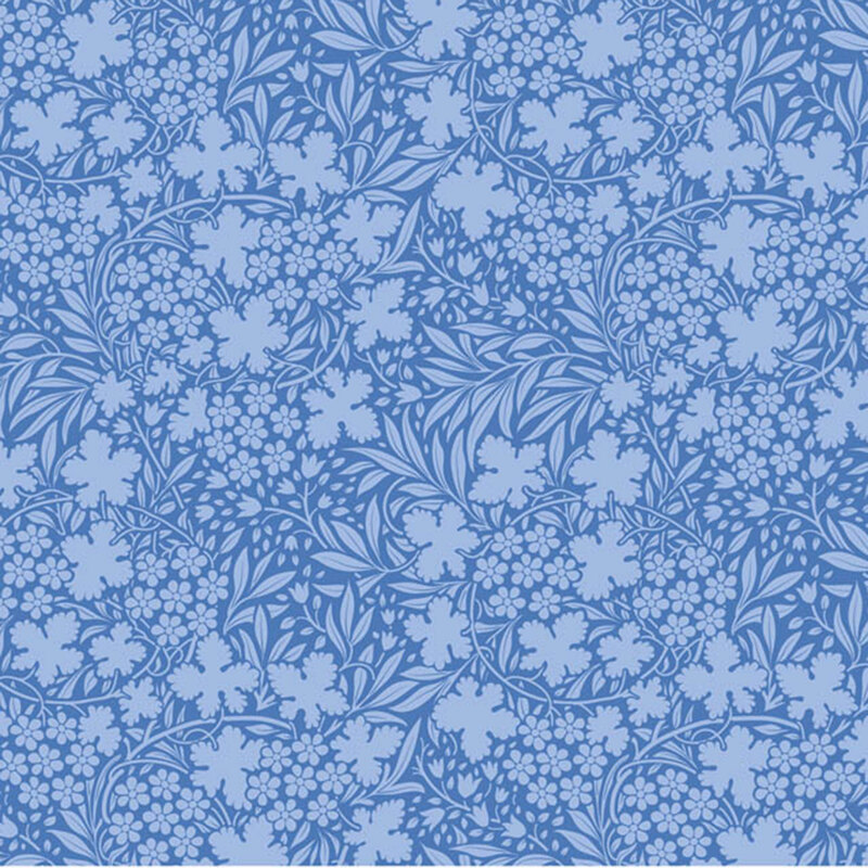 Blue fabric with a dense pattern of tonal florals and leaves for a cohesive design.