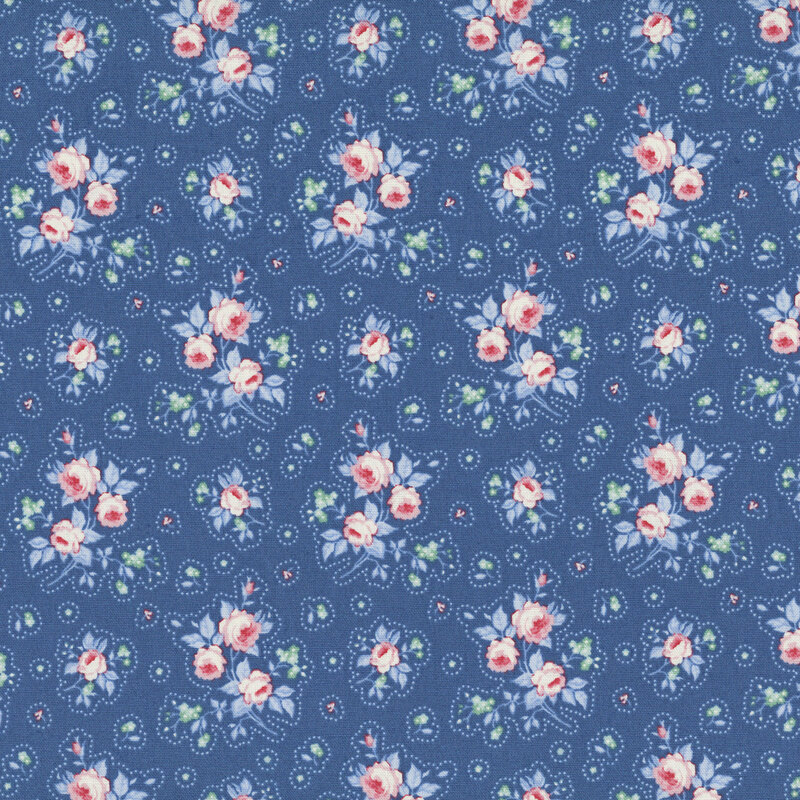 Blue fabric with stylized floral clusters, combining small green blossoms with larger pink blooms for a vibrant, balanced design.