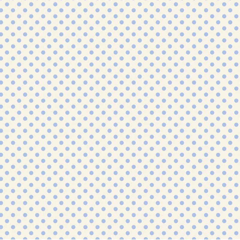 White fabric with a classic pattern of powder blue polka dots for a crisp, timeless look.