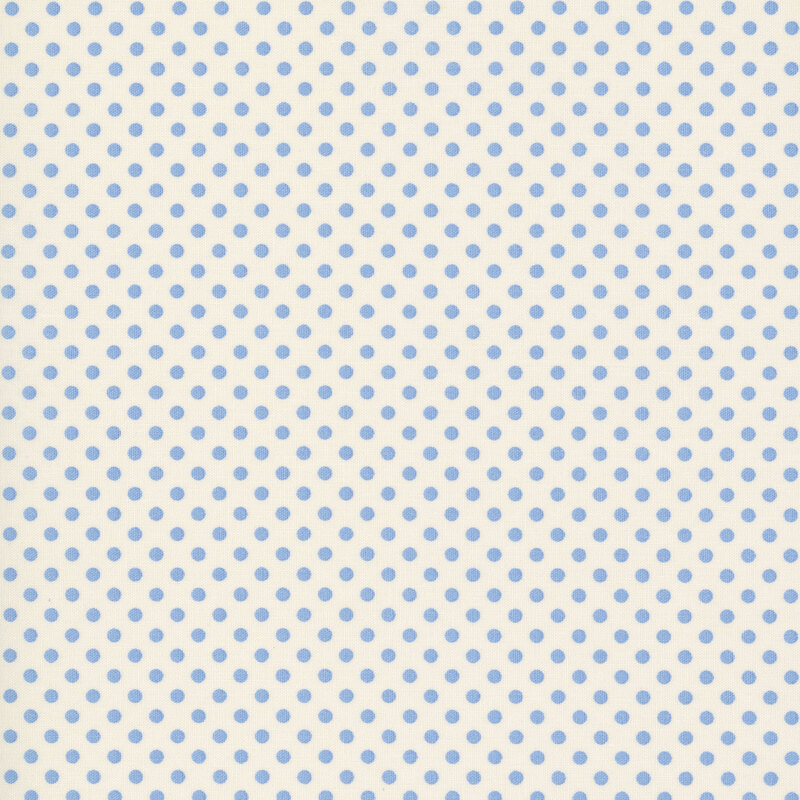 White fabric with a classic pattern of powder blue polka dots for a crisp, timeless look.