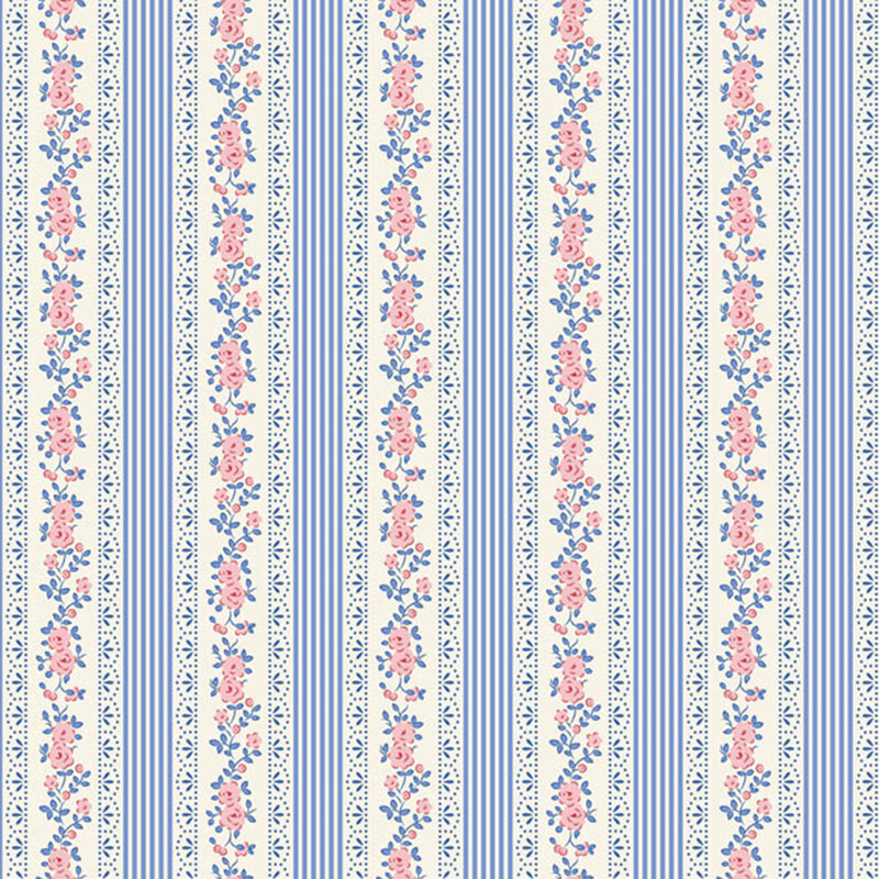 White fabric with stylized stripes of straight lines and small florals for a clean, balanced design.