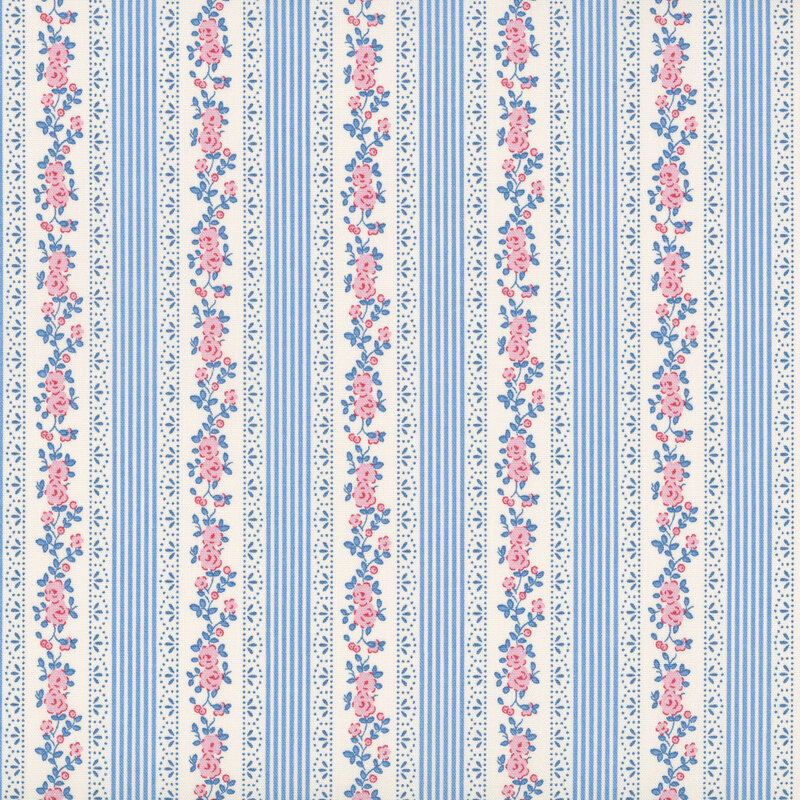 White fabric with stylized stripes of straight lines and small florals for a clean, balanced design.