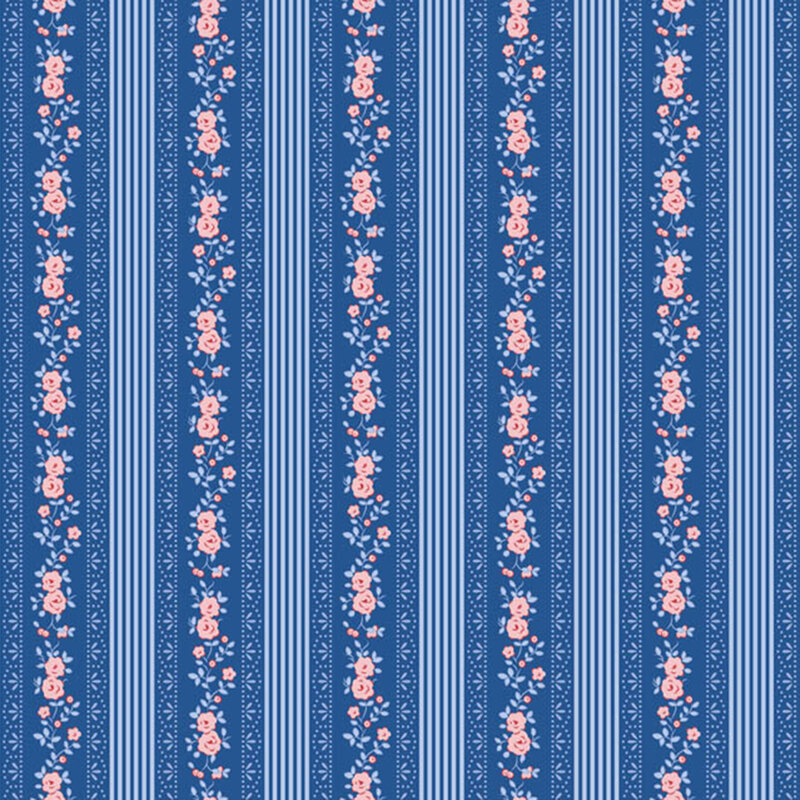 Blue fabric with stylized stripes of straight lines and small florals for a clean, balanced design.