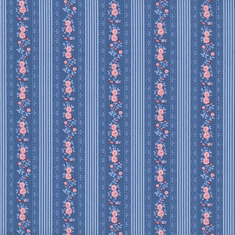 Blue fabric with stylized stripes of straight lines and small florals for a clean, balanced design.