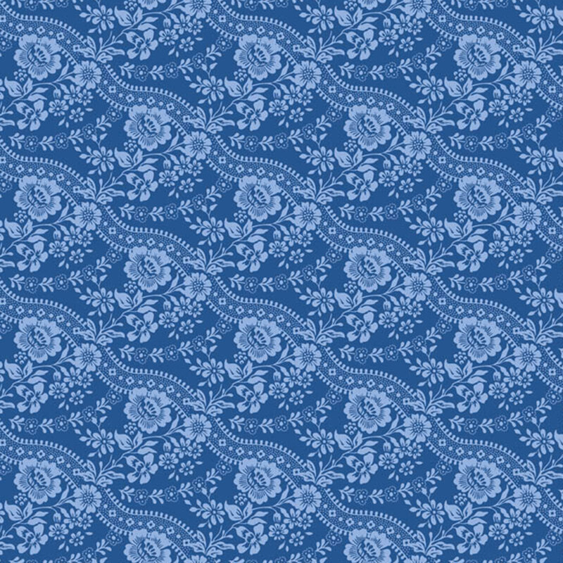 Lapis blue fabric with stripes of stylized flowers paired with wavy lines for a graceful, flowing design.