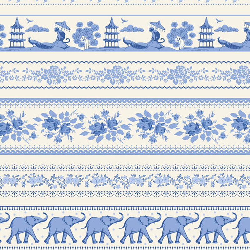White fabric with striped bands filled with decorative florals, pagodas, elephants, and other Southeast Asian–inspired motifs for a richly detailed design.
