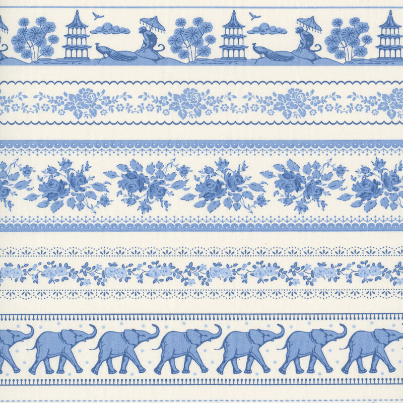 White fabric with striped bands filled with decorative florals, pagodas, elephants, and other Southeast Asian–inspired motifs for a richly detailed design.
