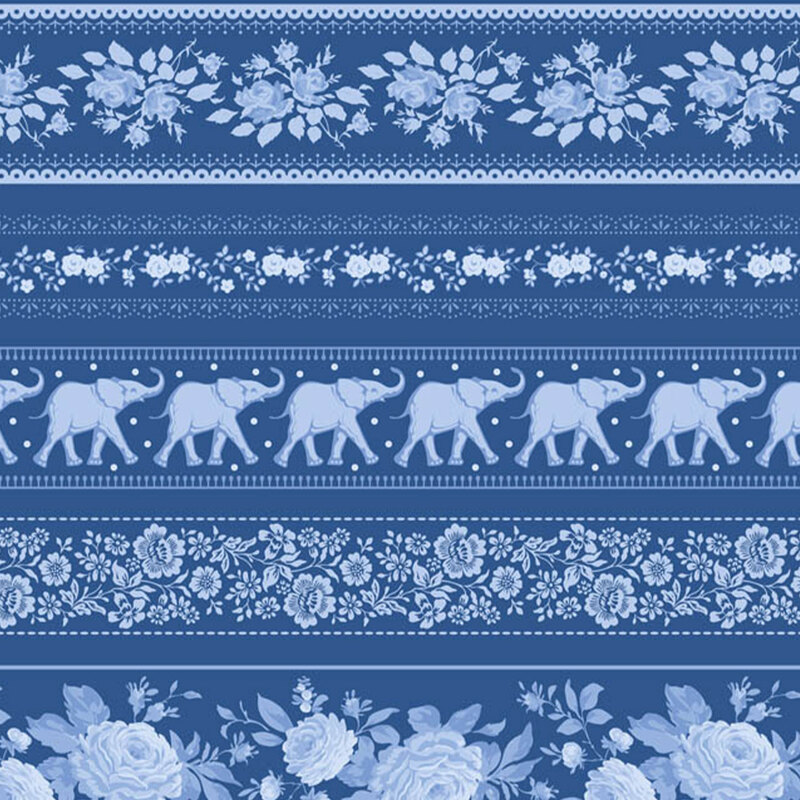 Lapis blue fabric with striped bands filled with decorative florals, pagodas, elephants, and other Southeast Asian–inspired motifs for a richly detailed design.