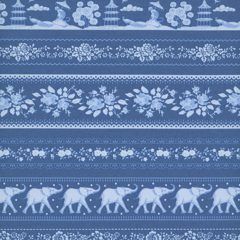 Lapis blue fabric with striped bands filled with decorative florals, pagodas, elephants, and other Southeast Asian–inspired motifs for a richly detailed design.