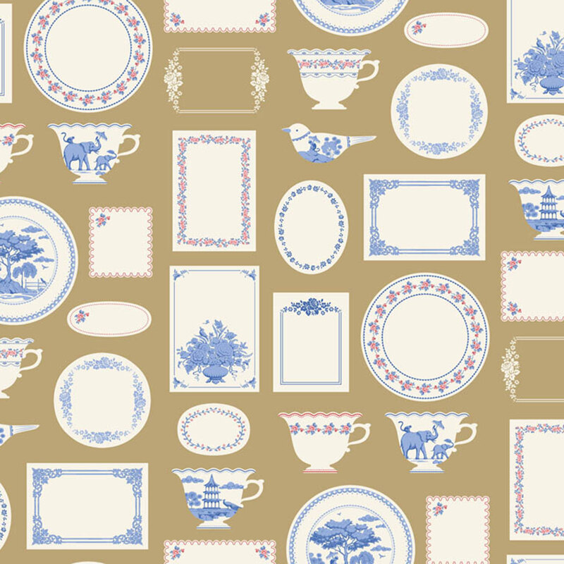 Olive brown fabric with Chinoiserie-inspired ceramics alongside artistic motifs of birds, monkeys, and florals, creating an elegant, decorative design.