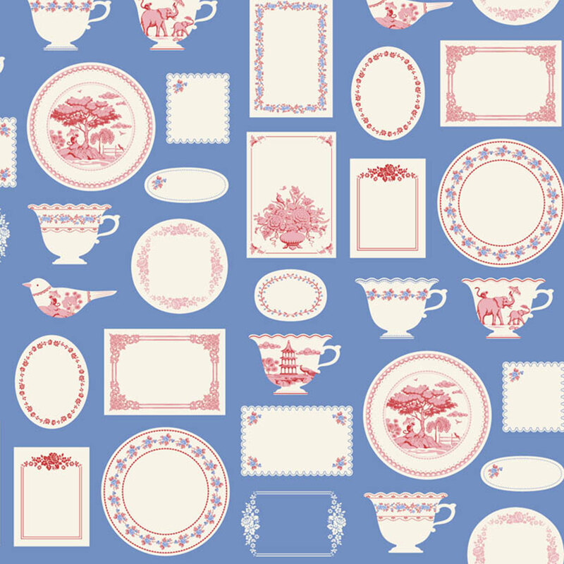 Powder blue fabric with Chinoiserie-inspired ceramics alongside artistic motifs of birds, monkeys, and florals, creating an elegant, decorative design.